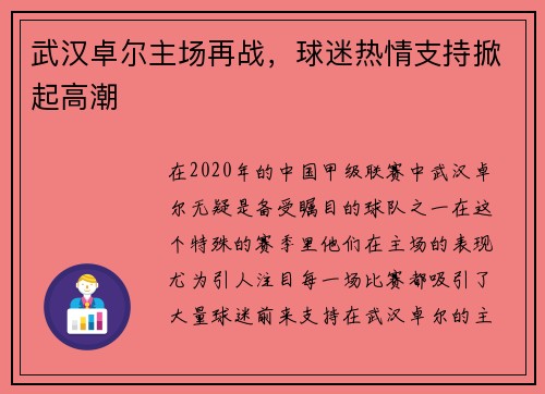 武汉卓尔主场再战，球迷热情支持掀起高潮